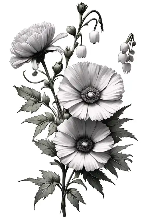 carnation flowers, daisy flowers, lily of the valley flower, larkspur flowers, poppy flowers,  tattoo design idea