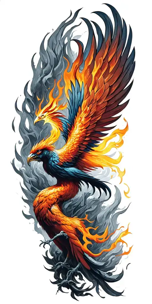 flaming Phoenix rising from ash tattoo design idea