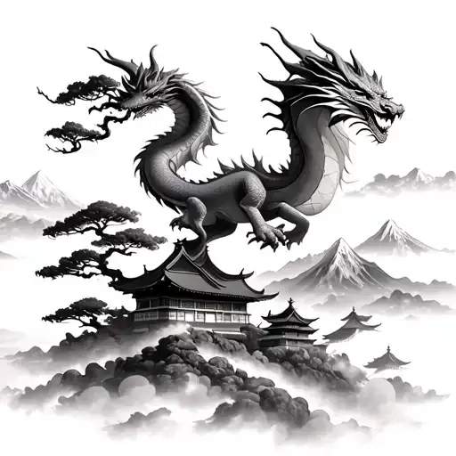 a realistic dragon flying through clouds with bonsai trees and Japanese samurai buildings and mountains in the distance tattoo design idea