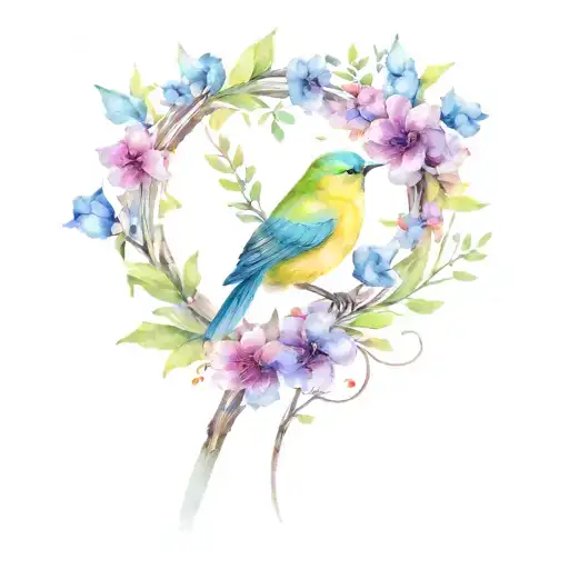 songbird on flowers singing notes tattoo design idea