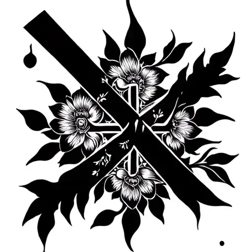 A stylized cross with intricate floral patterns intertwined, representing faith and nature tattoo design idea
