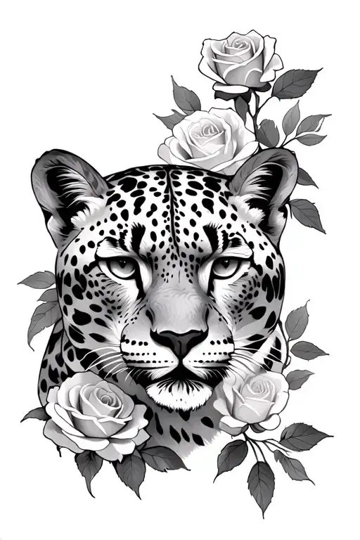 roses and a snow leopard  tattoo design idea