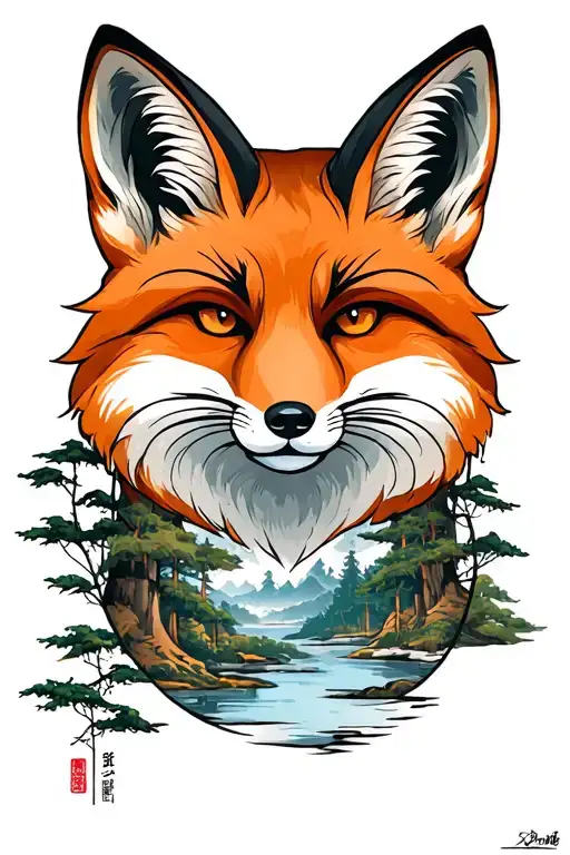 Fox face with woodsy backdrop scenery tattoo design idea
