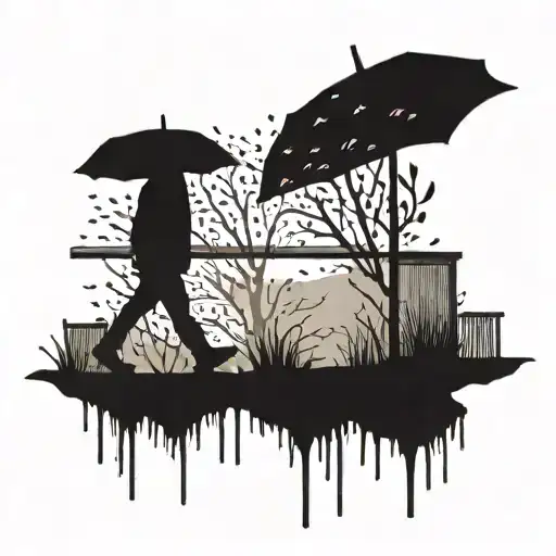 Rain and Reflection: A silhouette standing in the rain, with reflections of memories (perhaps leaves, ghosts, or loved o tattoo design idea