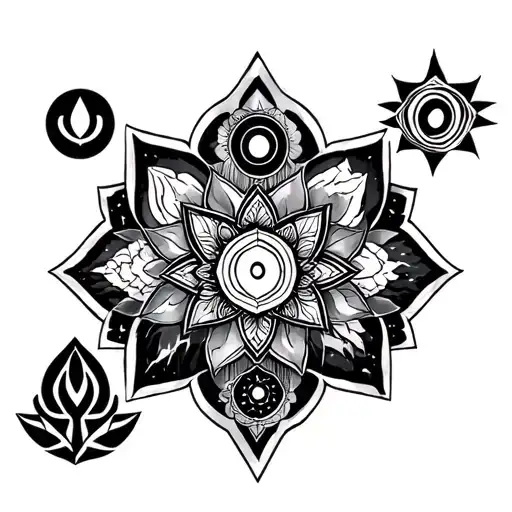 seven chakra symbols with mountain  tattoo design idea