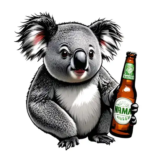 koala with a mullet as hair holding a beer bottle tattoo design idea