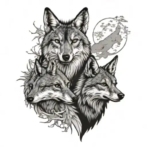 A tattoo design featuring three realistic-looking coyotes, each representing a different aspect of Omertà (the code of s tattoo design idea