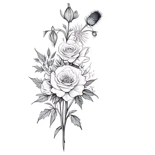 roses daffodils carnations irises delphiniums Veronica & sea holly thistles fine line wrap tattoo design idea