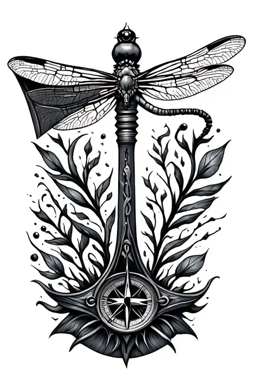 axe, damselfly, compass, tattoo design idea