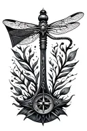 axe, damselfly, compass, tattoo design idea