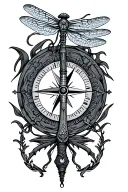 axe, damselfly, compass, tattoo design idea