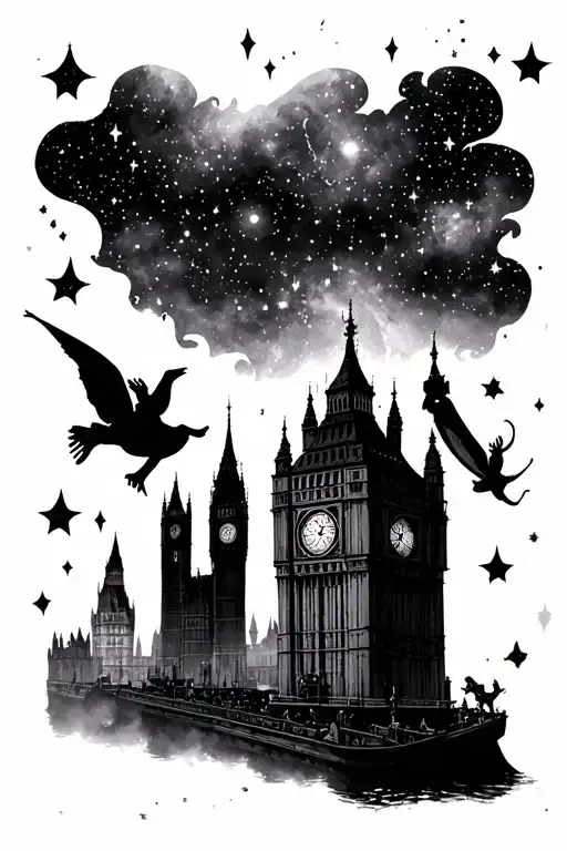 I would like a tattoo on the universe and the theme of Peter Pan, so London, imaginary country, starry sky, silhouettes tattoo design idea