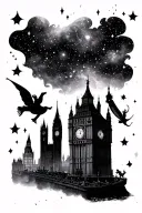 I would like a tattoo on the universe and the theme of Peter Pan, so London, imaginary country, starry sky, silhouettes tattoo design idea