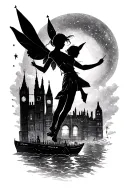 I would like a tattoo on the universe and the theme of Peter Pan, so London, imaginary country, starry sky, silhouettes tattoo design idea