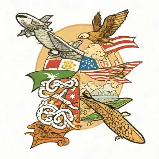 Aeroplanne flying from Delhi to Philippines, Indonesia , Thailand, Vietnam with their respective flags  tattoo design idea