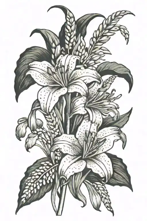 grain elevator, prarie lily flower, wheat stalk intertwined tattoo design idea