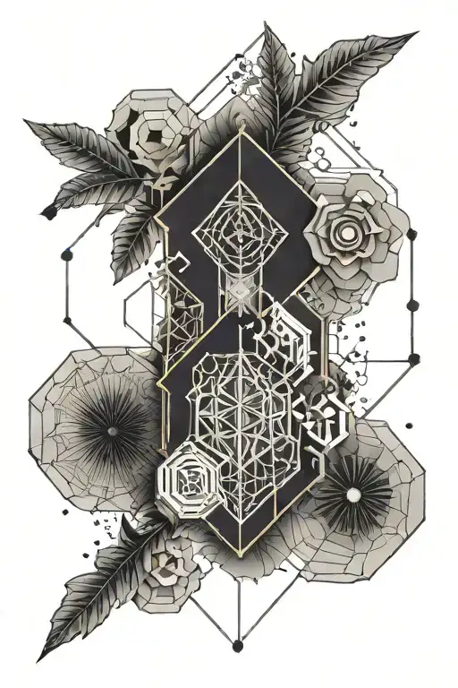 For a tattoo design that combines elements of geometry, honeycomb, horseshoe, compass, hourglass, arrow, tree and all-se tattoo design idea