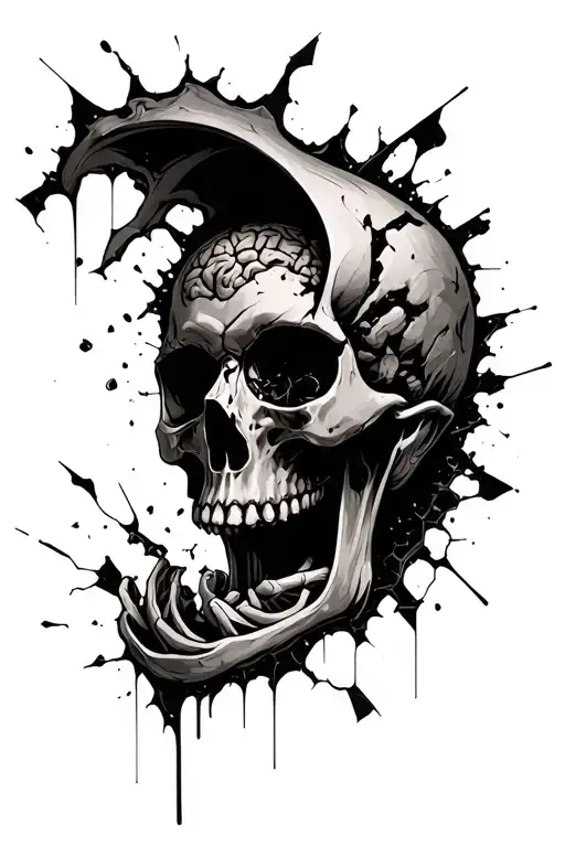 gothic skull with person curled inside the brain cavity with the top top the skell shattering and breaking off. tattoo design idea