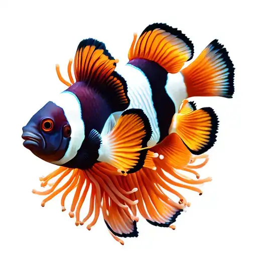 mating pair clownfish 1 black and white, the other orange black and white. red bubble tip anemone  tattoo design idea