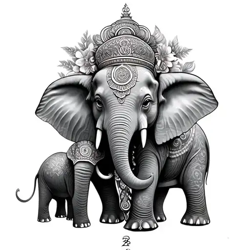 2 Elephant babies holding the trunk. With a Thai and floral female side tattoo design idea
