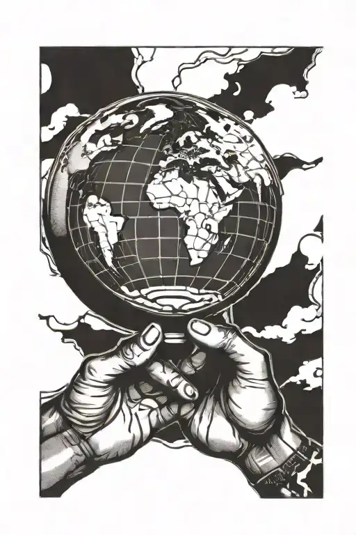 man holding the globe saying the world is yours written tattoo design idea