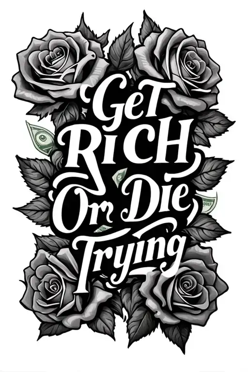 The saying "Get Rich Or Die Trying" in the center with real looking roses around it, and money tattoo design idea