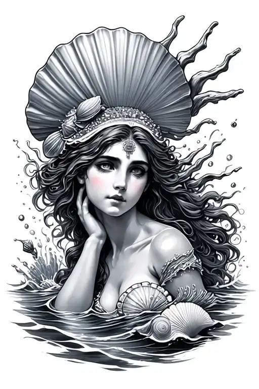 aphrodite coming out of the ocean with seashells incorporated and a seashell top on tattoo design idea
