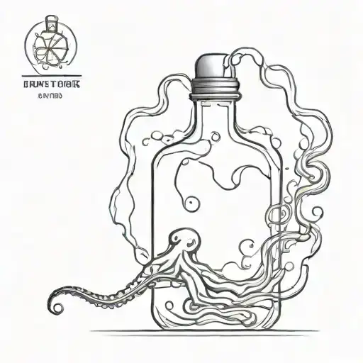 line tattoo design of a round bottle with a underwater theme inside the bottle, octopus coming out of bottle tattoo design idea