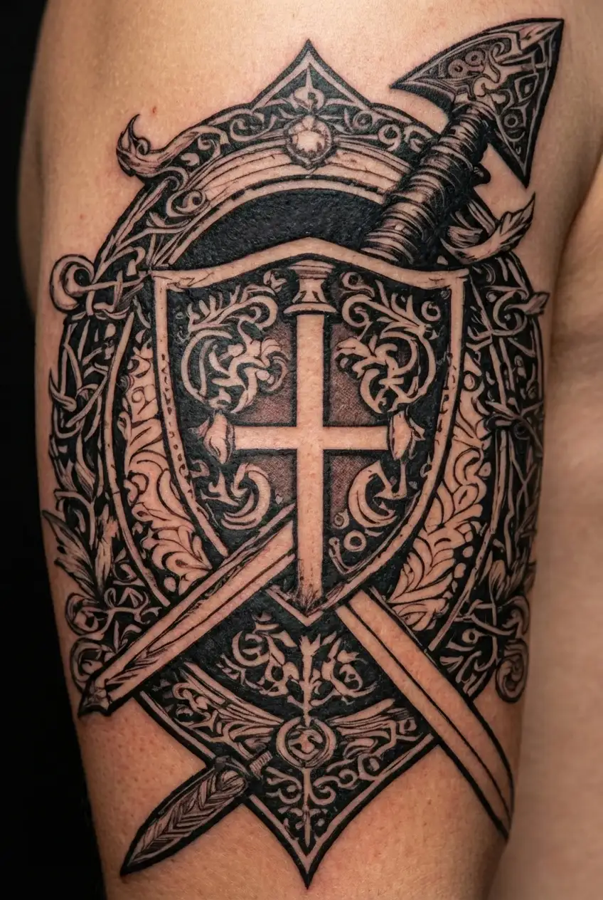 Scottish war sword shield tattoo design idea