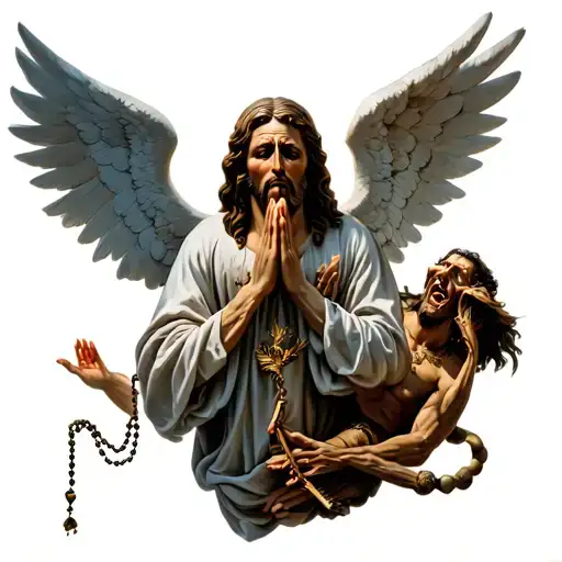 crying angel with praying hands holding a rosary and saint micheal slaying demons in hell tattoo design idea