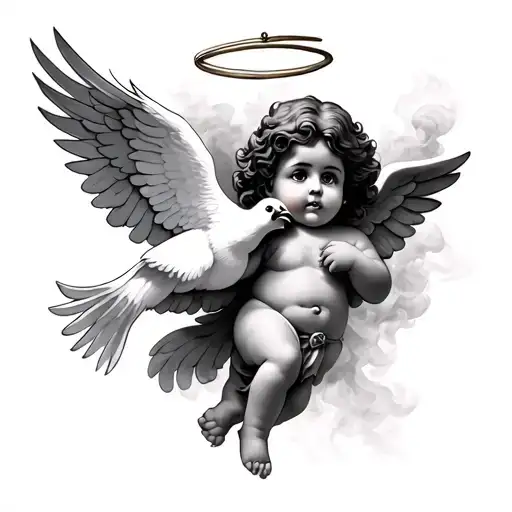 Chicano style Cherub with white dove with a halo on one of them and smoke backround tattoo design idea
