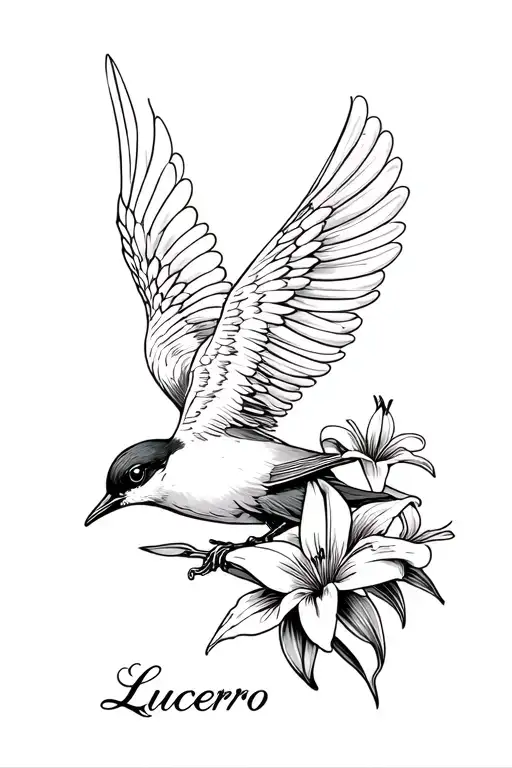 the back of a barn swallow bird  with the Spanish cursive writing of "Lucero" under the wing and lilies  tattoo design idea