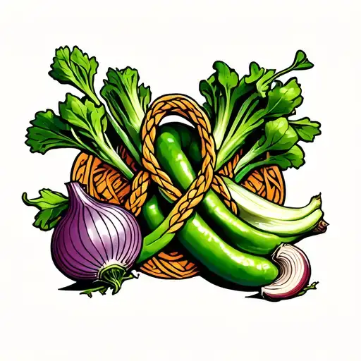 green pepper, onion, celery, and garlic trinity knot tattoo design idea