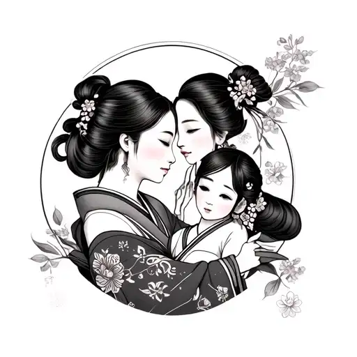 Elegant vector illustration tatto art of a young Japanese woman with traditional hairstyle hugging her daughter,  tattoo design idea