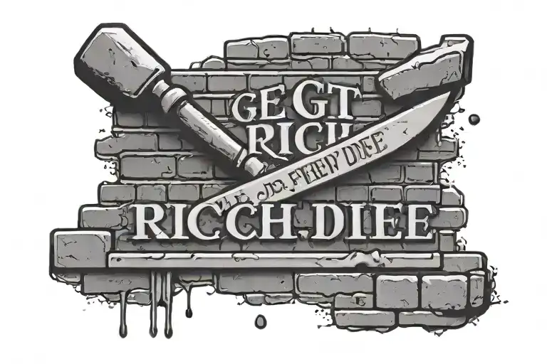 brick wall with a trowel and the words saying get rich or die troweling tattoo design idea