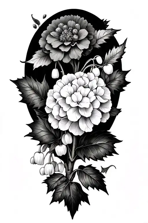 hydrangea, marigold, lily of the valley, daffodil, holly, and ash leaves tattoo design idea