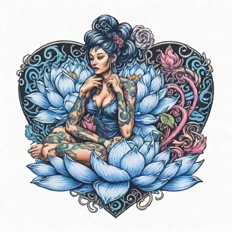 hyper realistic woman, sitting on a heart, holding a lotus flower, Colored, 3d tattoo design idea