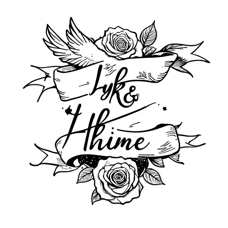 "Lykke & Thieme" swallow, rose, galaxy, name banner ribbon across tattoo design idea