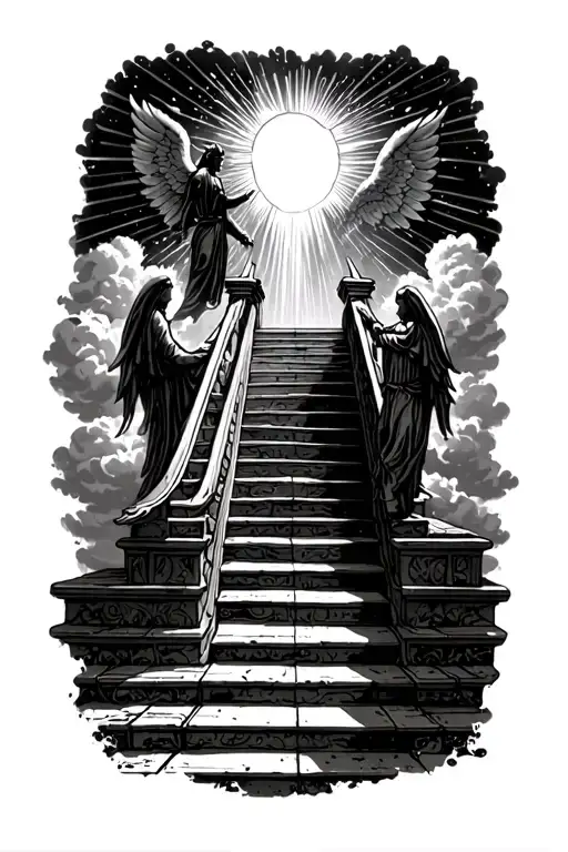 stairway to heaven walking up stairs angels sun rays clouds heaven gate at the top of the stairs fighting devil tattoo design idea