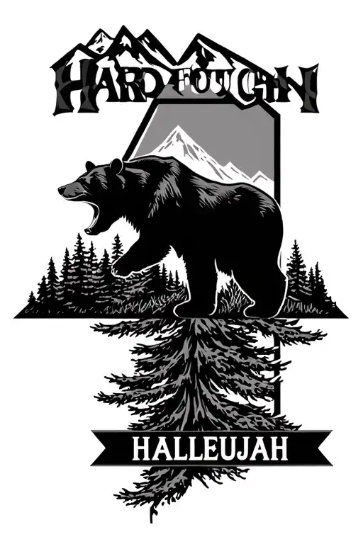 smoky mountain with black bear geometric border pine tree coming out of border on one side. with HARD FOUGHT HALLELUJAH tattoo design idea