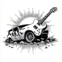 wrecked car and guitar memorial tattoo for grandparents cloud background separating in the middle with rays of sun tattoo design idea