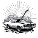 wrecked car and guitar memorial tattoo for grandparents cloud background separating in the middle with rays of sun tattoo design idea
