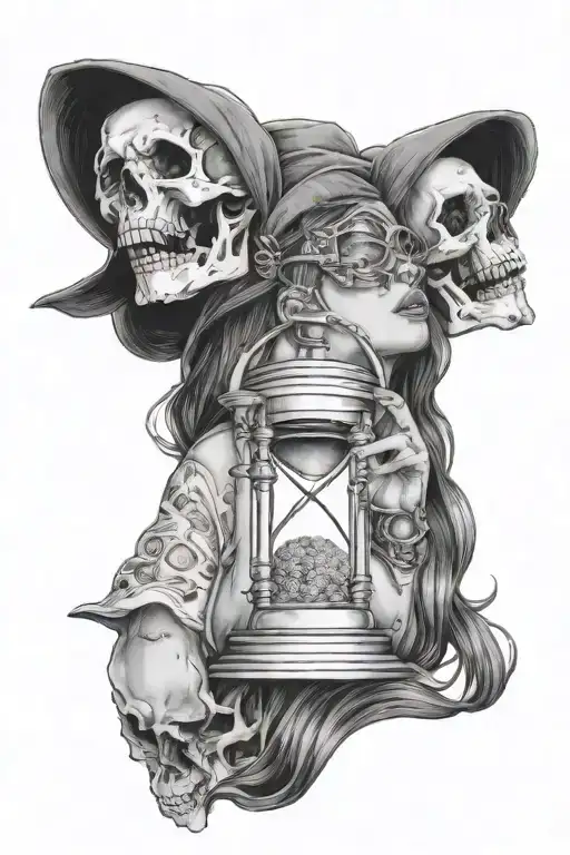 A girl with a blindfold on her face with an hourglass in her hands where instead of sand there are skulls of people arou tattoo design idea