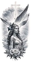 norse Valkyrie, clouds, rays, a cross, heaven, floral, birds tattoo design idea