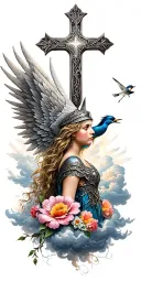 norse Valkyrie, clouds, rays, a cross, heaven, floral, birds tattoo design idea