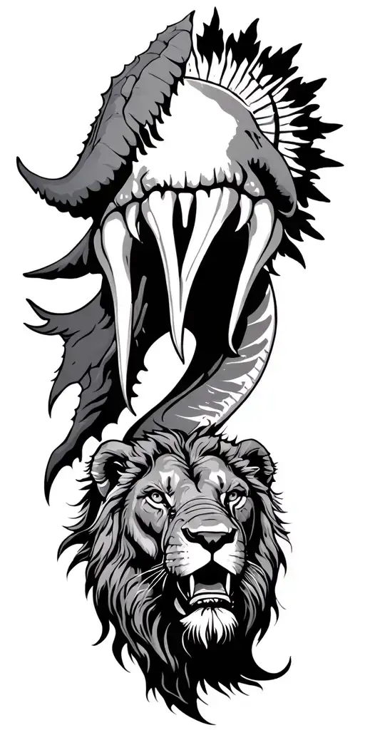 polonesian tattoo design featuring water turtels elephants shark teeth and a sun and cross turned into a lion tattoo design idea