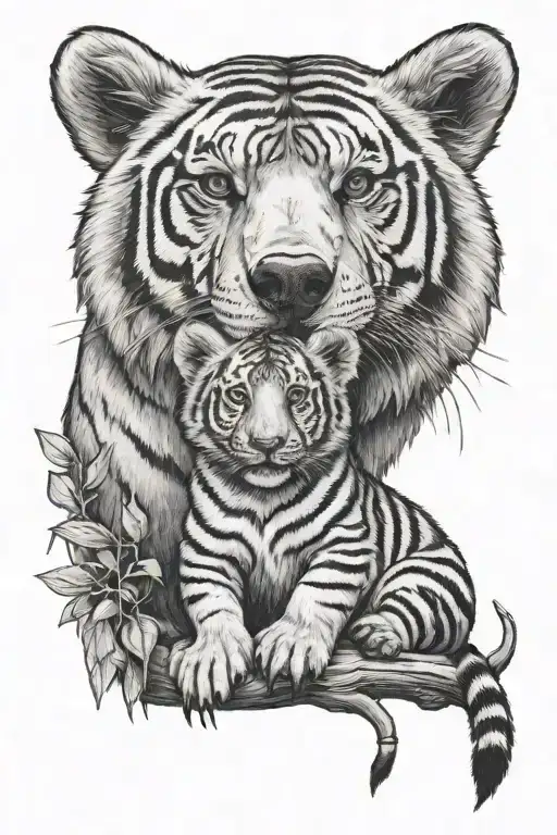 bear cub and tiger cub crow perched atop tattoo design idea