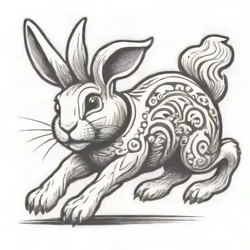 profile of a cartoon rabbit running with arms stretched straight and backwards and slightly sloped upward tattoo design idea