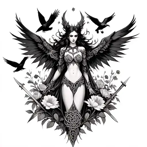 an image of the Celtic Goddess, the Morrigan. Surrounded by her associated flowers, weapons and multiple flying crows.  tattoo design idea