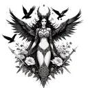 an image of the Celtic Goddess, the Morrigan. Surrounded by her associated flowers, weapons and multiple flying crows.  tattoo design idea